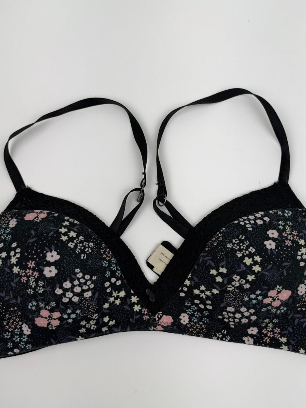 Jessica Simpson Women's 34C Black Floral Print Micro Lace Trim Bralette Bra